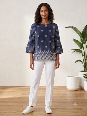 CALE Navy Striped Embroidered Bell-Sleeve Top